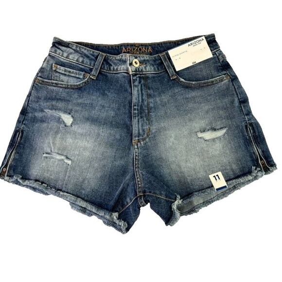 Arizona Jean Company Shorts Women 11 Distressed Hi-Rise Shortie Factory Zip Hem - Picture 1 of 9